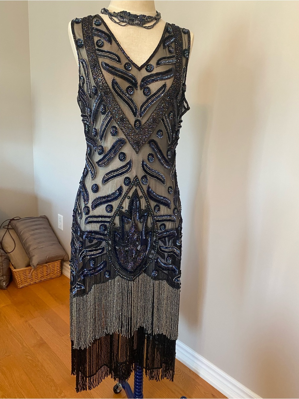 Gorgeous Vintage heavy Beaded  black Art Deco Flapper Dress with Fringe